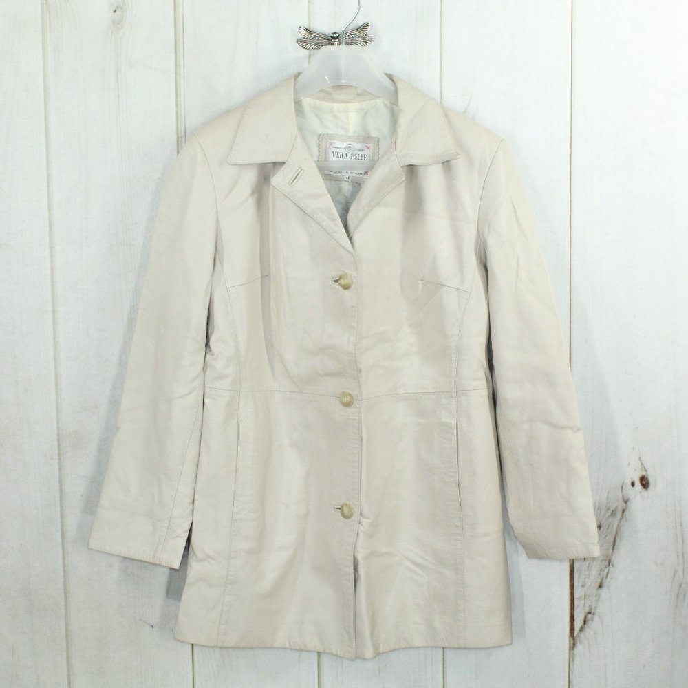 VERA PELLE Tan Leather Down Button with Collar Jacket Italy Made Size 46 - Picture 1 of 10